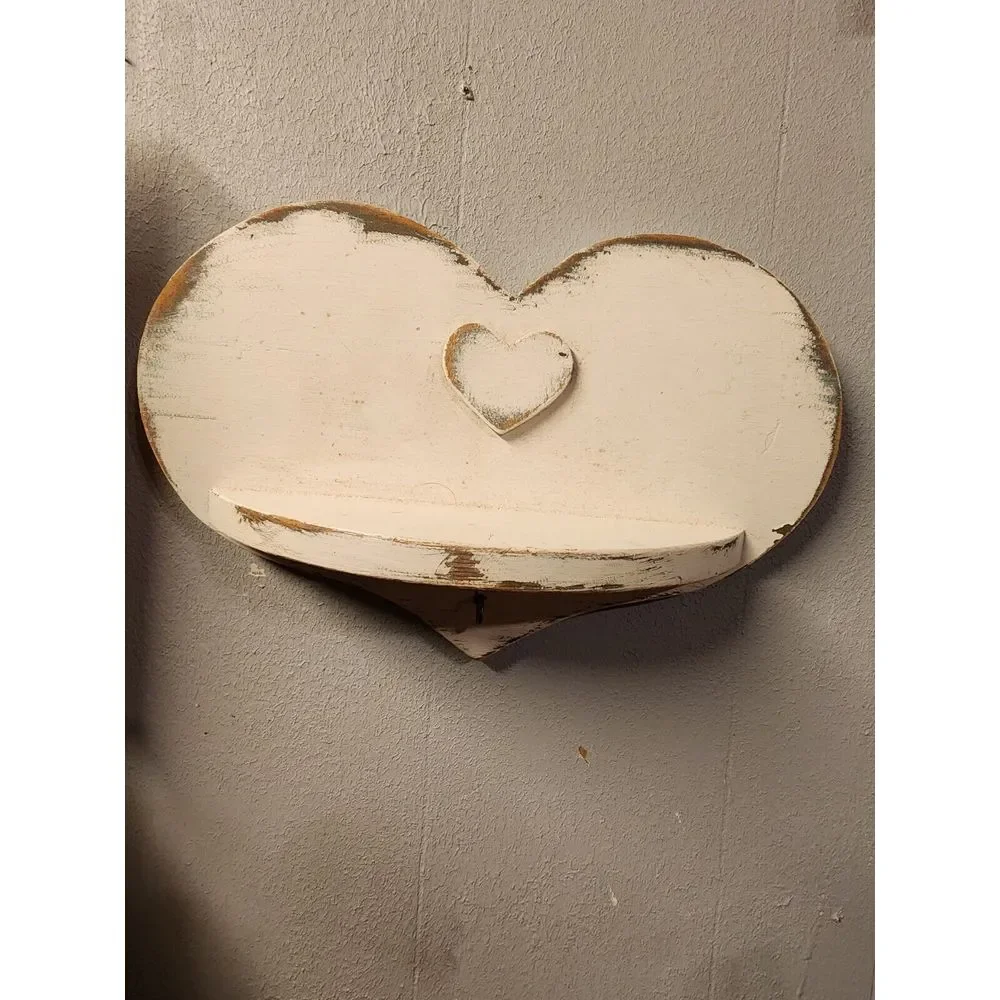 Vintage White Washed Rustic Wood‎ Heart Shelf With Key Hook. 14
